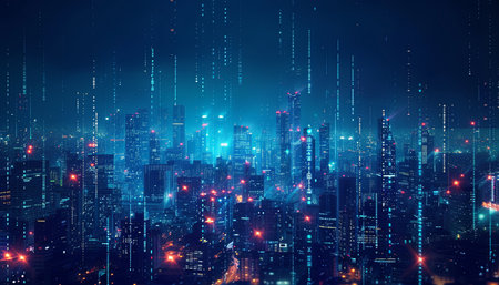 Futuristic city at night with high-rise buildings and lightsの素材