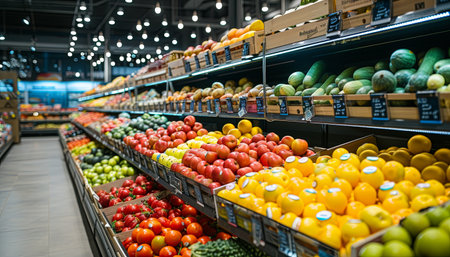 Fruits and vegetables on the shelves of a grocery store or supermarketの素材