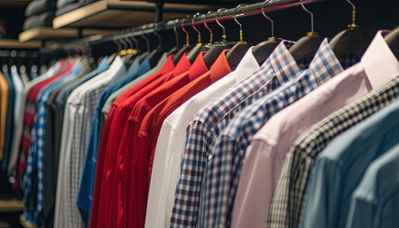 Men's shirts on hangers in a shop. Shallow depth of fieldの素材