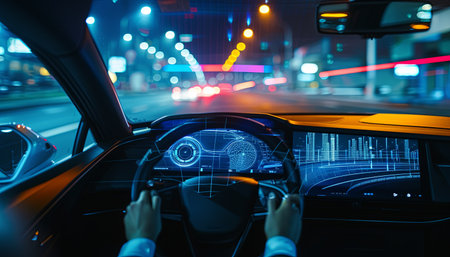 View of the inside of a car driving in the city at nightの素材