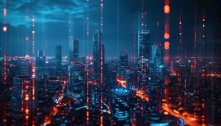Futuristic cityscape with high-rise buildings and neon lightsの素材