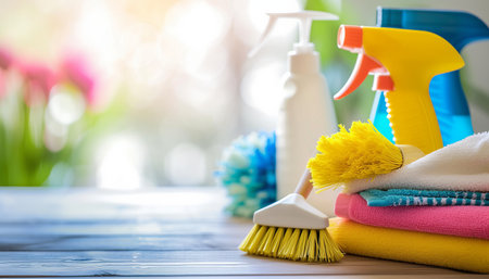 Cleaning products on a wooden table. Cleaning service concept.の素材