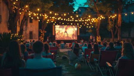 Crowd of people watching a movie on the stage at night.の素材