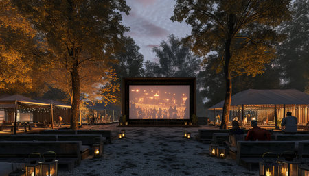 3D rendering of a restaurant with a big screen in the parkの素材