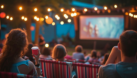 Group of people watching movie at a live concert in the evening.の素材