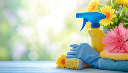 Cleaning products and flowers on blue wooden table, close-upの素材