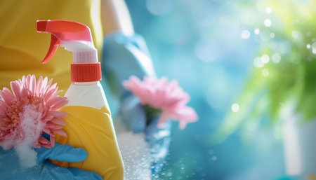 Cleaning service concept. Cleaning spray bottle with flowers on blurred backgroundの素材