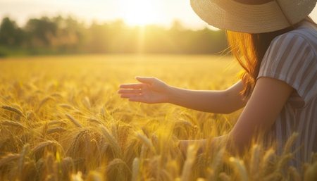 Young woman standing in wheat field and touching wheat ears with her hand.の素材