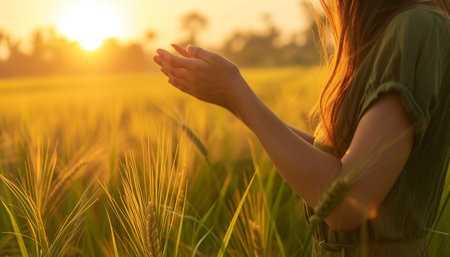 Young woman in wheat field at sunset, closeup. Harvesting conceptの素材