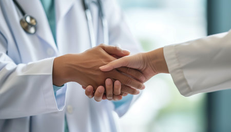 Doctor and patient shaking hands after discussing something while sitting at the table. Medicine and health care concept.の素材