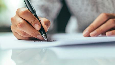 Close-up of businesswoman's hand signing a contract in officeの素材
