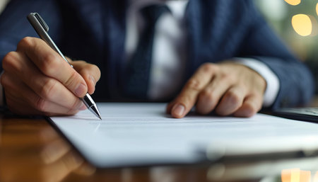 Businessman signing a contract with a pen, close-up.の素材