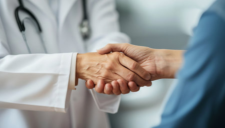 Doctor and patient shaking hands, close-up. Healthcare and medical service.の素材