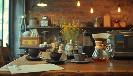 Coffee cup and teapot on wooden table in cafeの素材