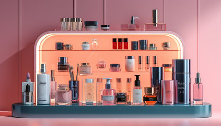 Cosmetic set on a shelf in pink interior. 3d renderingの素材