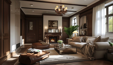 3d render interior of living room with fireplace, sofa and bookcaseの素材