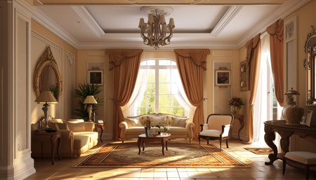 Classic living room interior with armchairs, sofa, coffee table and window. 3d renderの素材