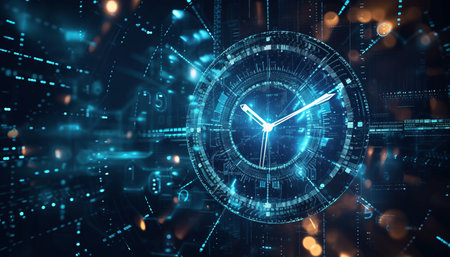 Abstract digital clock interface on dark blue background. Time concept. 3D Renderingの素材