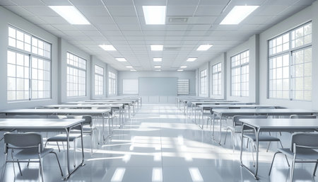 3d render of an empty school classroom with white desks and chairsの素材