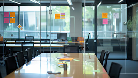 Office meeting room with colorful sticky notes on glass wall. Blurred backgroundの素材