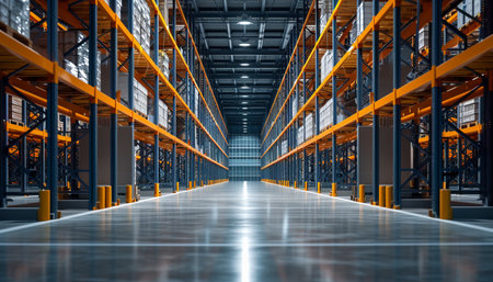 3d rendering of warehouse or distribution warehouse with many shelves and racksの素材
