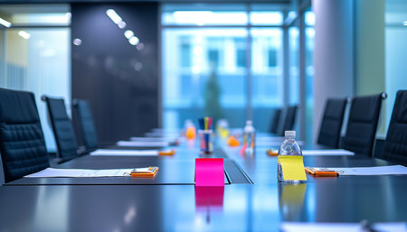 Empty conference room with tables and chairs, ready for your design.の素材