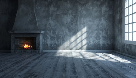 Interior of an empty room with a fireplace. 3D renderingの素材
