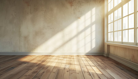 Empty room with window and wooden floor. 3D Rendering.の素材