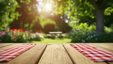 Wooden table with tablecloth on blurred garden background. Close upの素材