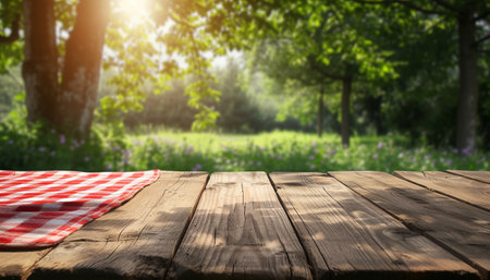 Empty wooden table for product display montages. Food and picnic conceptの素材
