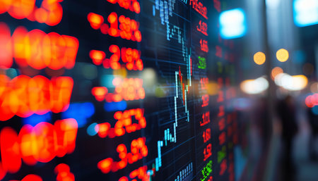 Stock market or forex trading graph and candlestick chart suitable for financial investment concept. Economy trends background for business idea and all art work design. Abstract finance background.の素材