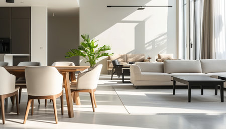 interior of modern living room with white sofa, table and chairsの素材
