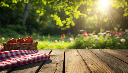 Ripe tomatoes in a basket on a wooden table in the gardenの素材
