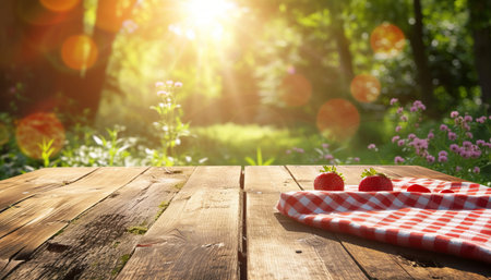 Wooden table with red napkin and strawberries in the garden.の素材