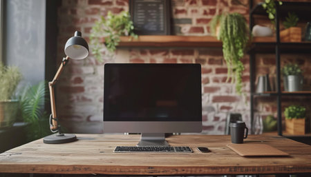 Workplace with computer, lamp and coffee cup on wooden table. 3D Renderingの素材