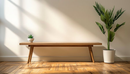 Wooden bench in the room with green plants. 3d renderingの素材
