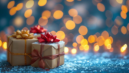 Gift boxes on bokeh background. Christmas and New Year conceptの素材