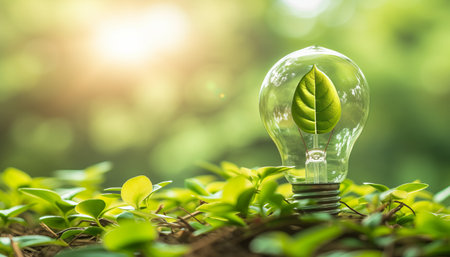 Green energy concept. Light bulb with green plant growing inside on nature background.の素材