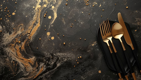 Golden cutlery on black marble background. Top view with copy spaceの素材