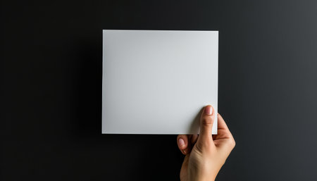 Mockup of a business card in hand on a black backgroundの素材