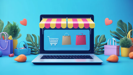 Laptop with online shopping concept on blue background. 3D rendering.の素材