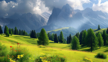 Alpine meadow in front of Dolomites mountains, Italyの素材