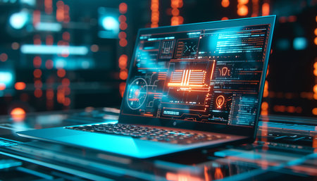 Close up of modern laptop with glowing screen. Technology concept. 3D Renderingの素材