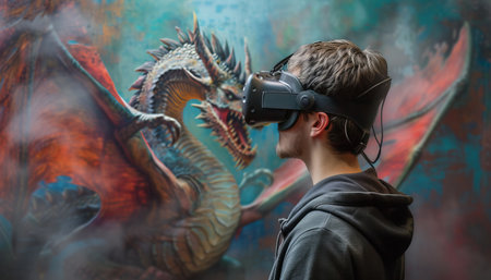 Young man in virtual reality glasses with a dragon on the background of the wallの素材