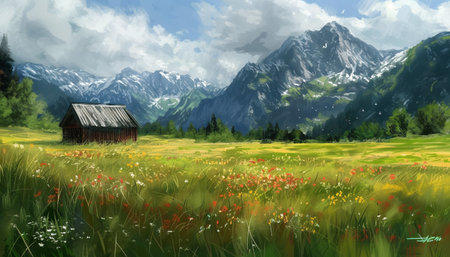 Digital painting of a meadow with a hut and mountains in the backgroundの素材