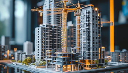 3d model of a multi-storey building with a craneの素材