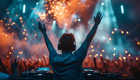 DJ playing music at a live concert in front of the crowd.の素材