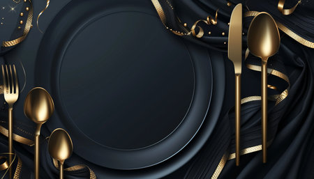 Elegant black background with cutlery, plate, cutlery and gold ribbons. 3d illustrationの素材
