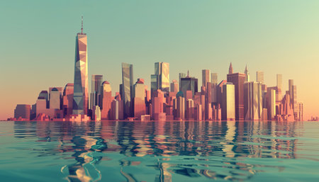 Modern cityscape with skyscrapers reflected in water. 3d renderの素材