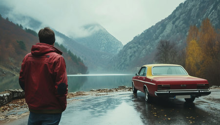 Man in a red jacket stands on the bank of a mountain lake and looks at the old car.の素材
